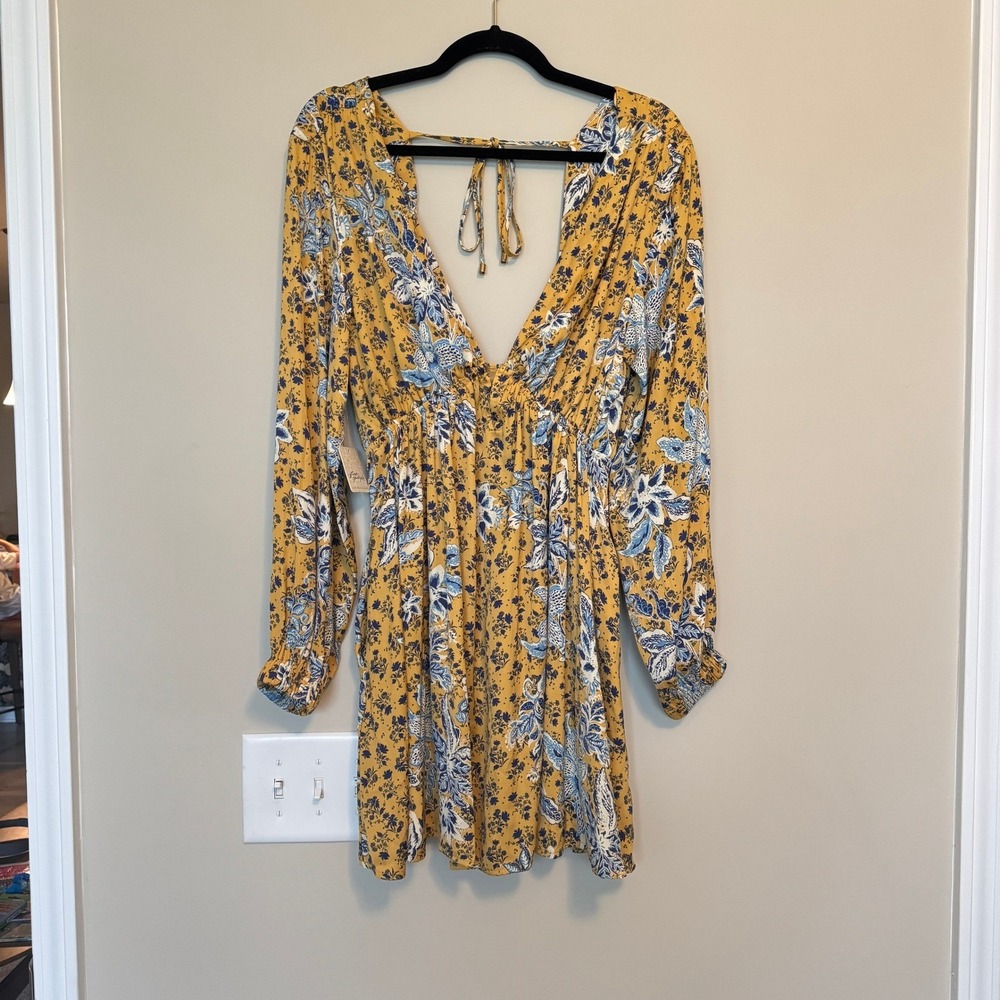 Free People Golden Hour Combo Mini Dress Yellow Floral Long Sleeve Pockets M